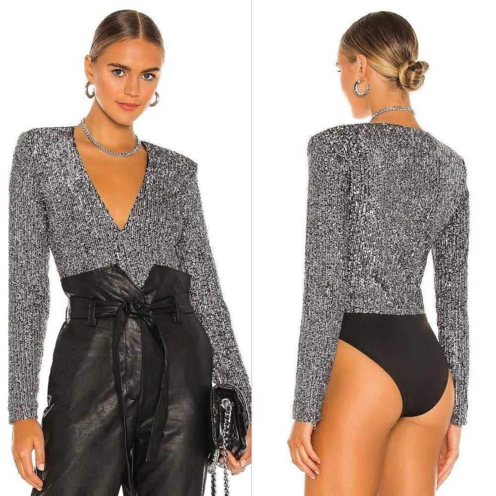 Bardot Leotard Bodysuit Women's Small Siren Silver Sequined Long Sleeve Hipster